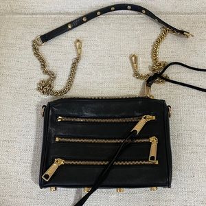 Rebecca Minkoff Mini 5 Zip Leather Crossbody Bag Black With Gold Chain & Zippers